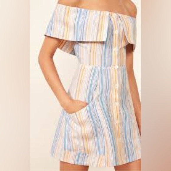 REFORMATION| Marbella striped linen off the shoulder dress| 12 - Picture 4 of 9